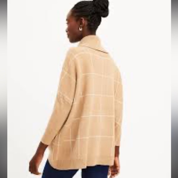 Loft Camel Tan Windowpane Cotton Boxy Cowl Turtleneck Sweater size L - Picture 2 of 13
